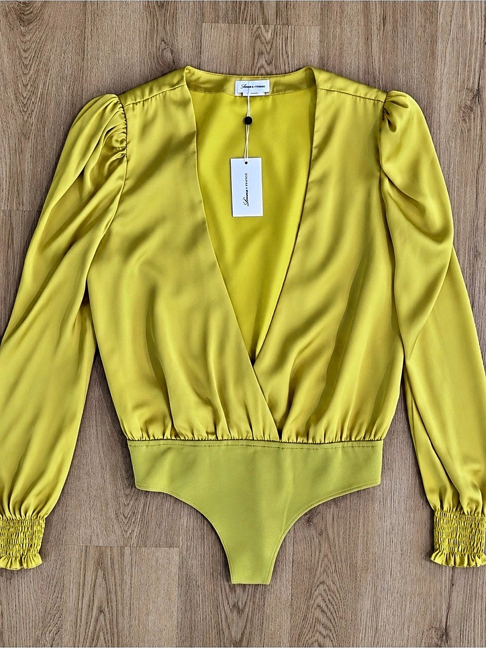 Lovers + Friends Royale Bodysuit Yellow Satin Long Sleeve XL